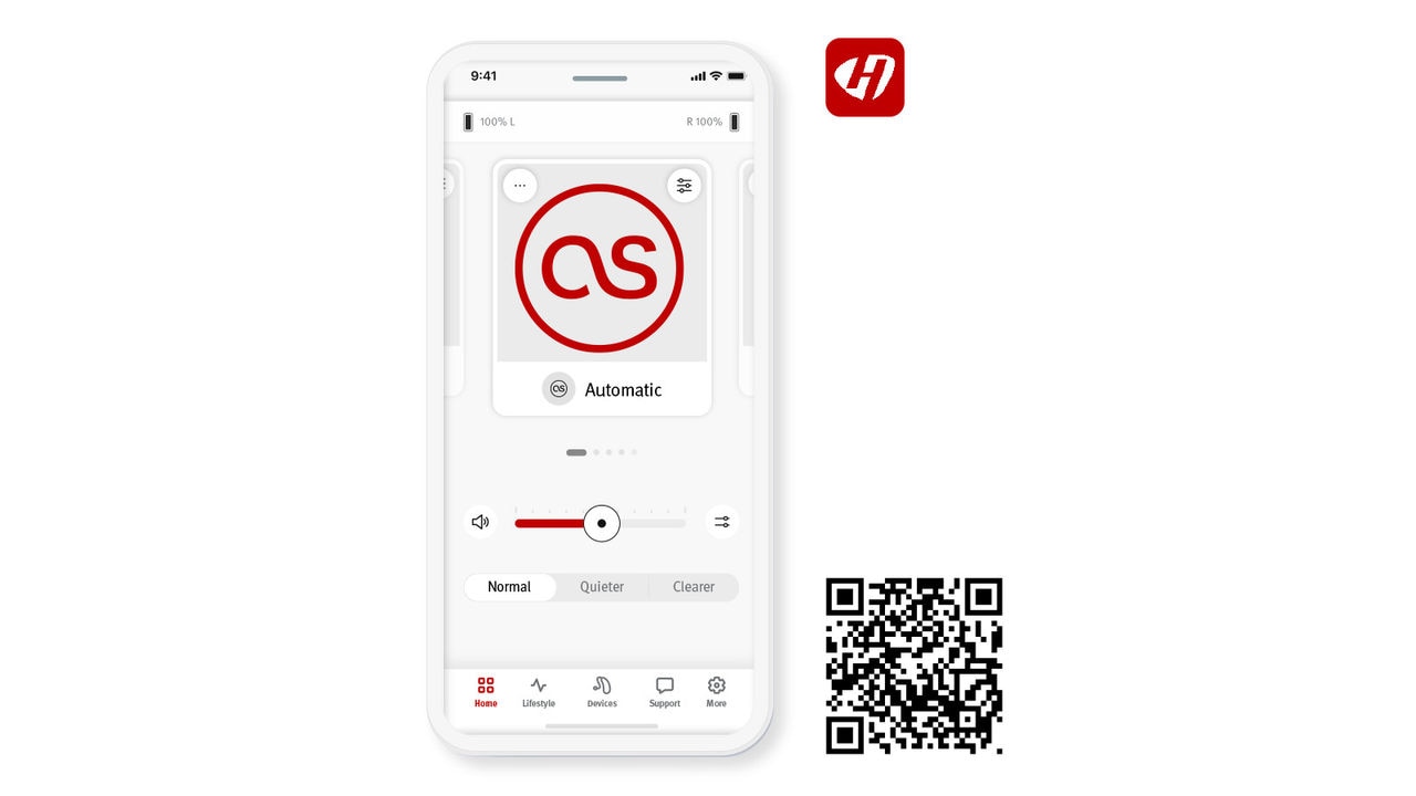 Mobiltelefon mit dem Startbildschirm der stream remote App sowie der QR-Code zum Herunterladen. 