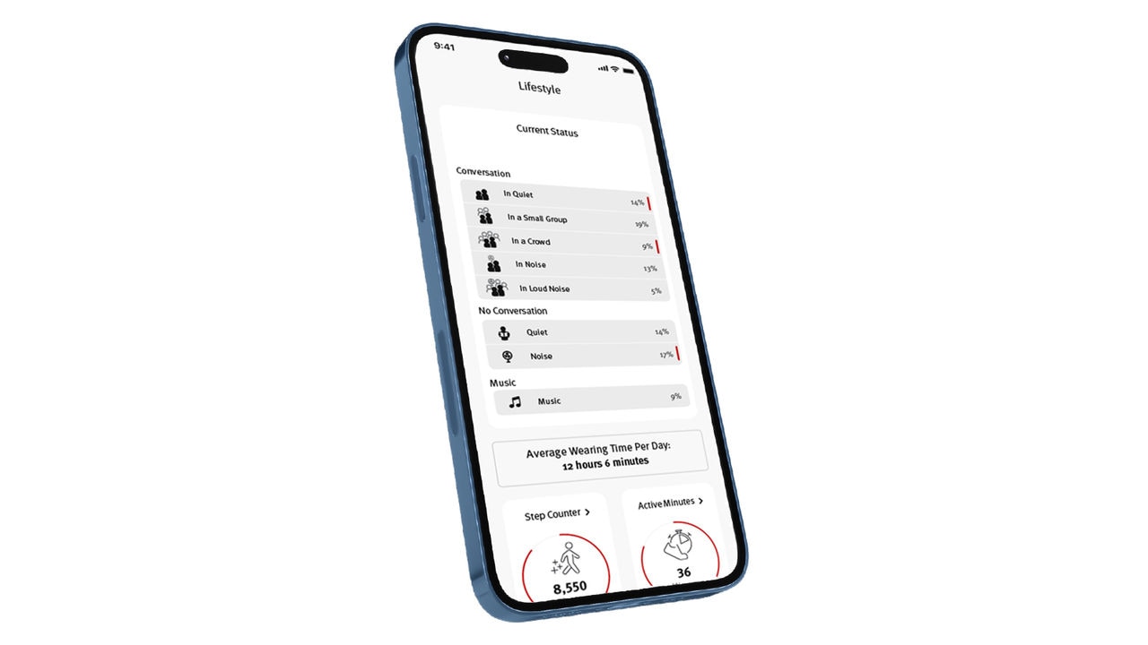 Bildschirm auf einem Mobiltelefon mit Informationen zur Hörumgebung in der stream remote App. 